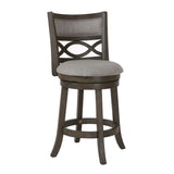 Benzara Curved Lattice Back Swivel Counter Stool with Fabric Seat, Antique Gray BM218142 Gray Solid Wood, Fabric and Veneer BM218142