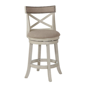 Benzara Curved X Shaped Back Swivel Counter Stool with Fabric Padded Seating, White BM218146 White Solid Wood, Fabric and Veneer BM218146