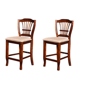 Benzara Slatted Back Wooden Counter Chair with Nailhead Trim, Set of 2, Brown BM218175 Brown Solid Wood, Fabric BM218175