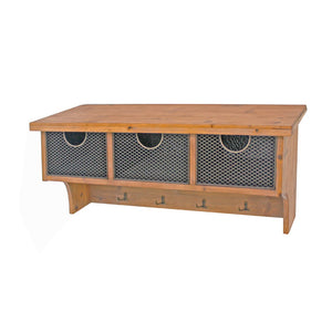 Benzara Wooden Wall Shelf with 4 Hooks and 3 Wire Baskets, Brown BM218344 Brown Wood BM218344