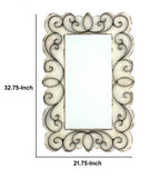 Benzara Rectangular Wall Mirror with Wooden Frame and Metal Scrolled edges, White BM218345 White Wood, Metal and Mirror BM218345