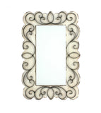 Benzara Rectangular Wall Mirror with Wooden Frame and Metal Scrolled edges, White BM218345 White Wood, Metal and Mirror BM218345