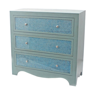 Benzara 3 Drawer Wooden Cabinet with Textured Front and Curved Apron, Blue and Gray BM218381 Gray, Blue Solid wood, Metal, Glass BM218381