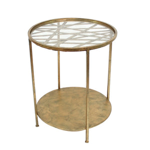 Benzara Industrial Style End Table with Glass Top and Criss Cross Pattern, Gold BM218398 Gold Metal BM218398