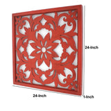 Benzara Square Wooden Floral Wall Plaque, Red BM218410 Red Solid Wood BM218410