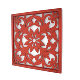 Benzara Square Wooden Floral Wall Plaque, Red BM218410 Red Solid Wood BM218410
