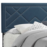 Benzara Fabric Eastern King Bed with Geometric Pattern Nailhead Trims, Teal Blue BM218438 Blue Solid wood and Fabric BM218438