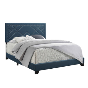 Benzara Fabric Eastern King Bed with Geometric Pattern Nailhead Trims, Teal Blue BM218438 Blue Solid wood and Fabric BM218438