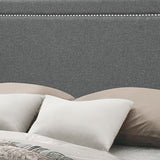 Benzara Fabric Eastern King Bed with Geometric Pattern Nailhead Trims, Gray BM218442 Gray Solid wood and Fabric BM218442