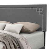 Benzara Fabric Eastern King Bed with Geometric Pattern Nailhead Trims, Gray BM218442 Gray Solid wood and Fabric BM218442