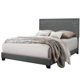 Benzara Fabric Eastern King Bed with Geometric Pattern Nailhead Trims, Gray BM218442 Gray Solid wood and Fabric BM218442