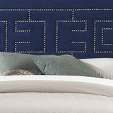 Benzara Fabric Eastern King Bed with Geometric Pattern Nailhead Trims, Blue BM218459 Blue Solid wood and Fabric BM218459