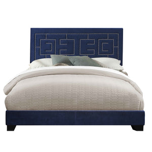 Benzara Fabric Eastern King Bed with Geometric Pattern Nailhead Trims, Blue BM218459 Blue Solid wood and Fabric BM218459