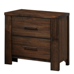 Benzara 2 Drawer Wooden Nightstand with Metal Bar Handles and Block Legs, Brown BM218460 Brown Solid Wood BM218460