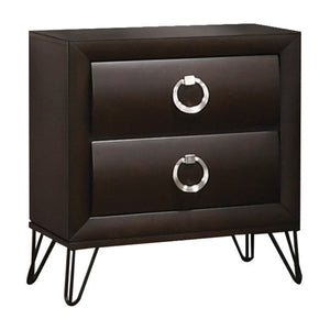 Benzara 2 Drawer Wooden Nightstand with Metal Ring Handles and Harpin Legs, Brown BM218511 Brown Solid Wood and Veneer BM218511