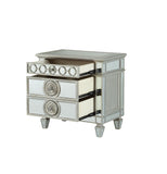 Benzara Mirror Accented Wooden Nightstand with 3 Storage Drawers, Silver BM218538 Silver Wood and Mirror BM218538