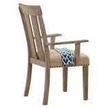Wood and Fabric Dining Side Armchairs with Nail Head Trim, Beige and Brown