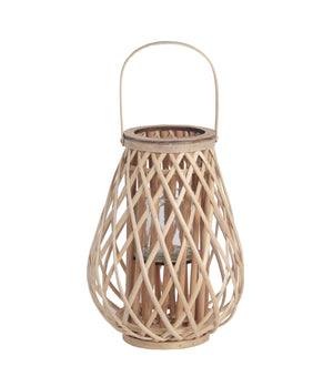 Benzara Bellied Bamboo Lantern with Lattice Design and Handle, Medium, Brown BM218637 Brown Bamboo BM218637