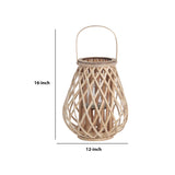 Benzara Bellied Bamboo Lantern with Lattice Design and Handle, Medium, Brown BM218637 Brown Bamboo BM218637