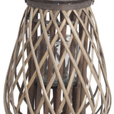 Benzara Bellied Bamboo Lantern with Lattice Design and Handle, Medium, Gray BM218638 Gray Bamboo BM218638