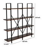Benzara 4 Tier Wood and Metal Double Bookcase with X Shape Design, Brown and Black BM218712 Brown and Black Composite Wood and Metal BM218712