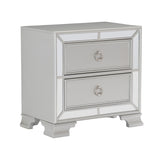 Benzara 2 Drawer Wooden Nightstand with Mirror Trim and Ring Pulls, Silver BM219007 Silver Solid wood, Engineered wood, Mirror BM219007