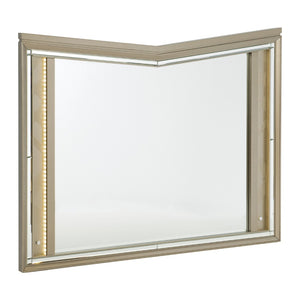 Benzara V Notch Design Wooden Frame Mirror with LED Light, Silver BM219028 Silver Solid wood, Engineered wood, Mirror BM219028