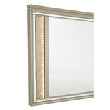 Benzara V Notch Design Wooden Frame Mirror with LED Light, Silver BM219028 Silver Solid wood, Engineered wood, Mirror BM219028