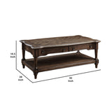 Benzara 2 Drawer Cocktail Table with Open Bottom Shelf and Turned Feet, Brown BM219037 Brown Solid wood, Engineered wood, Veneer BM219037