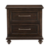 Benzara 2 Drawer Wooden Nightstand with Turned Feet and Hewn Sawn Texture, Brown BM219048 Brown Solid wood, Engineered wood, Veneer BM219048