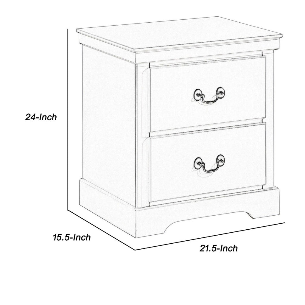Benzara 2 Drawer Wooden Nightstand with Metal Drop Handles and Bracket Feet, White BM219057 White Solid Wood, Metal and Engineered Wood BM219057