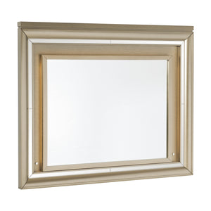 Benzara Wooden Frame Mirror with LED Light, Champagne Gold and Silver BM219059 Gold and Silver Solid Wood, Mirror and Engineered Wood BM219059