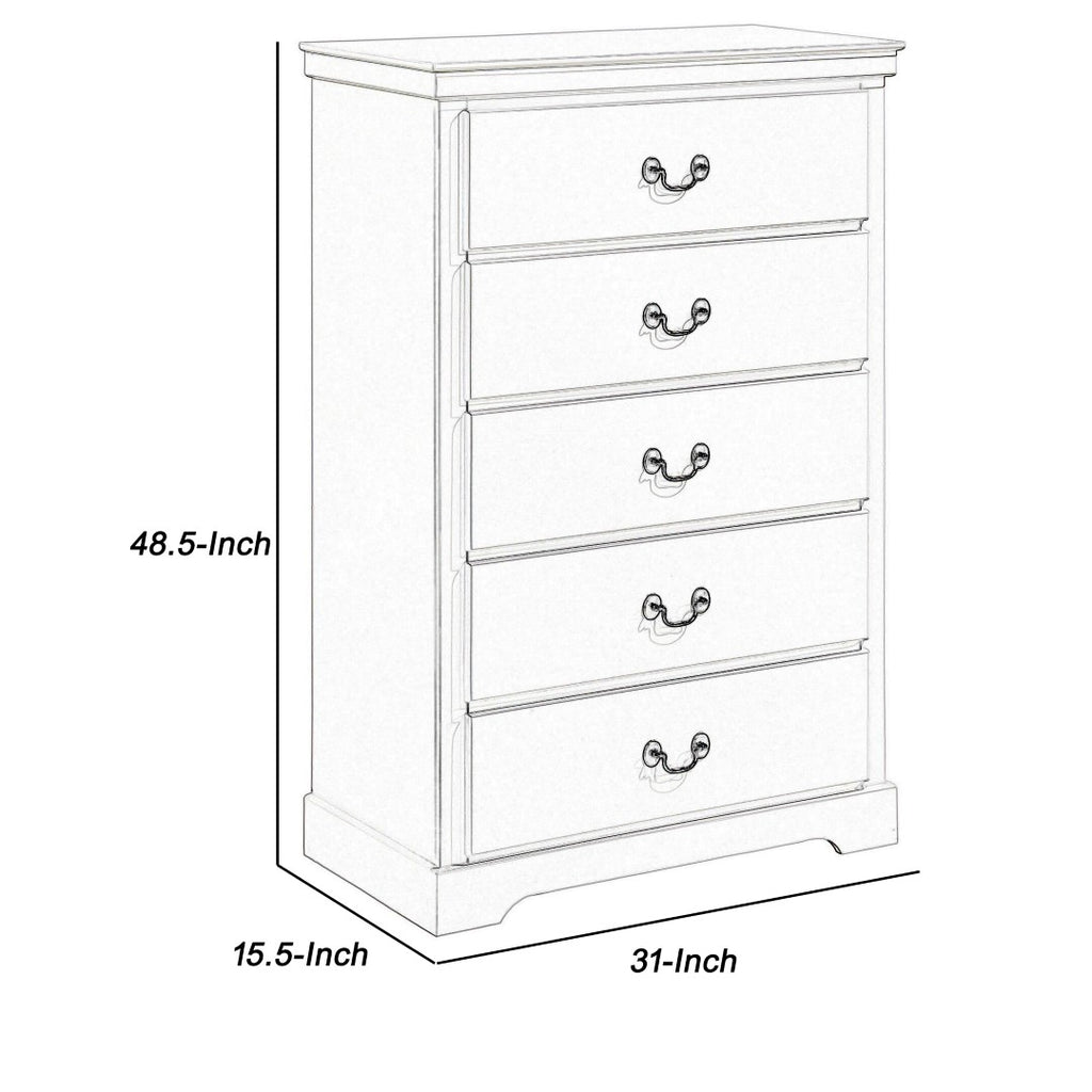 Benzara 5 Drawer Vertical Chest with Metal Drop Handles and Bracket Feet, White BM219060 White Solid Wood and Engineered Wood BM219060