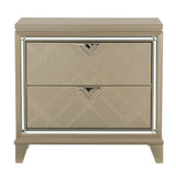 Benzara 2 Drawer Nightstand with Mirror Trim and Tapered Legs, Champagne Gold BM219061 Gold Solid Wood and Engineered Wood BM219061