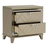 Benzara 2 Drawer Nightstand with Mirror Trim and Tapered Legs, Champagne Gold BM219061 Gold Solid Wood and Engineered Wood BM219061