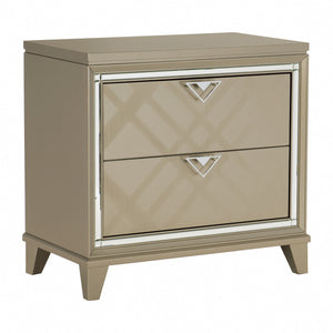 Benzara 2 Drawer Nightstand with Mirror Trim and Tapered Legs, Champagne Gold BM219061 Gold Solid Wood and Engineered Wood BM219061