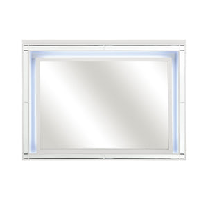 Benzara Contemporary Style Beveled Edge Mirror with LED Light, White and Silver BM219063 White and Silver Solid Wood, Mirror and Engineered Wood BM219063