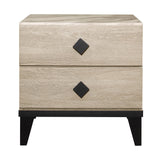 Benzara 2 Drawer Wooden Nightstand with Diamond Metal Knobs, Beige and Black BM219065 Beige and Black Solid Wood, Faux Marble and Engineered Wood BM219065