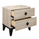 Benzara 2 Drawer Wooden Nightstand with Diamond Metal Knobs, Beige and Black BM219065 Beige and Black Solid Wood, Faux Marble and Engineered Wood BM219065