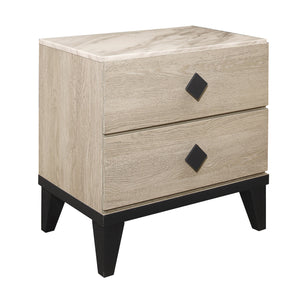 Benzara 2 Drawer Wooden Nightstand with Diamond Metal Knobs, Beige and Black BM219065 Beige and Black Solid Wood, Faux Marble and Engineered Wood BM219065