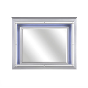 Benzara Contemporary Style Beveled Edge Mirror with LED Light, Silver BM219077 Silver Solid Wood, Mirror and Engineered Wood BM219077