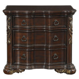 Benzara 3 Drawer Nightstand with Carved Pilaster and Bracket Feet, Cherry Brown BM219079 Brown Solid Wood, Veneer and Engineered Wood BM219079