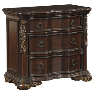 Benzara 3 Drawer Nightstand with Carved Pilaster and Bracket Feet, Cherry Brown BM219079 Brown Solid Wood, Veneer and Engineered Wood BM219079