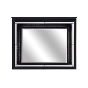 Benzara Contemporary Style Beveled Edge Mirror with LED Light, Black and Silver BM219081 Black and Silver Solid Wood, Mirror and Engineered Wood BM219081