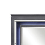 Benzara Contemporary Style Beveled Edge Mirror with LED Light, Gray and Silver BM219082 Gray and Silver Solid Wood, Mirror and Engineered Wood BM219082