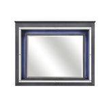 Benzara Contemporary Style Beveled Edge Mirror with LED Light, Gray and Silver BM219082 Gray and Silver Solid Wood, Mirror and Engineered Wood BM219082