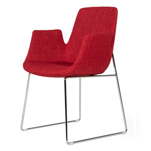 Benzara Fabric Upholstered Dining Chair with Metal Sled Base and Flared Arms, Red - BM219283 BM219283 Red Metal and Fabric BM219283