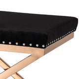 Benzara Fabric Ottoman with Double X Shaped Base and Nailhead Trim, Black and Gold - BM219284 BM219284 Black and Gold Metal and fabric BM219284