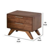 Benzara 2 Drawer Wooden Nightstand with Metal Bar Handles and Angled Legs, Brown - BM219286 BM219286 Brown Solid wood, Veneer BM219286