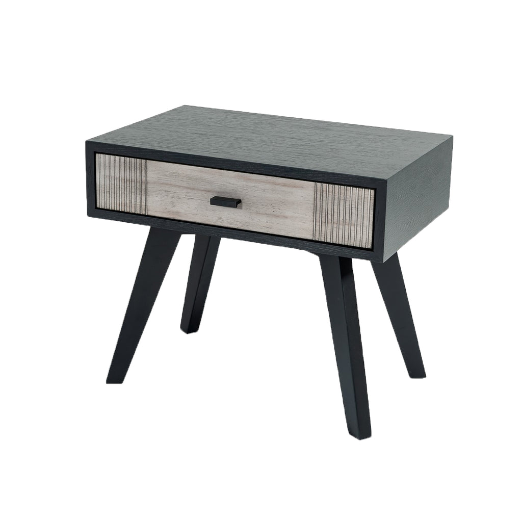 Benzara 1 Drawer Wooden Nightstand with Angled Legs and Rough Sawn Texture, Gray - BM219287 BM219287 Gray and Black Solid wood and Veneer BM219287